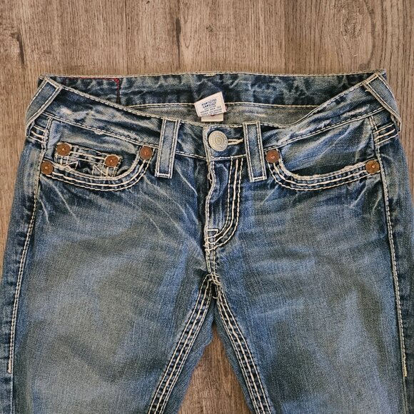 True Religion Brand Jeans Blue Distressed Big T Stitch Bootcut – Women’s 28 - Picture 2 of 11